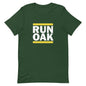A green t-shirt with the text 'RUN OAK' printed in yellow on the front.