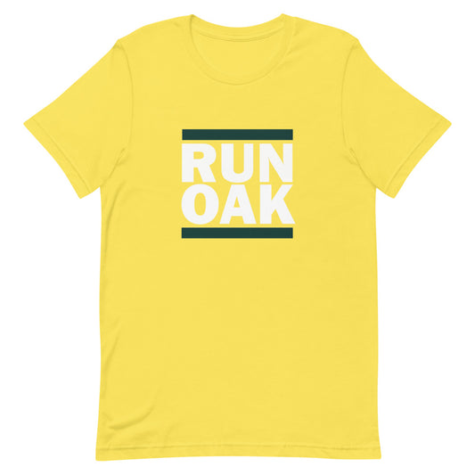 A yellow t-shirt with the text 'RUN OAK' printed in large letters across the chest.