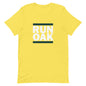 A yellow t-shirt with the text 'RUN OAK' printed in large letters across the chest.