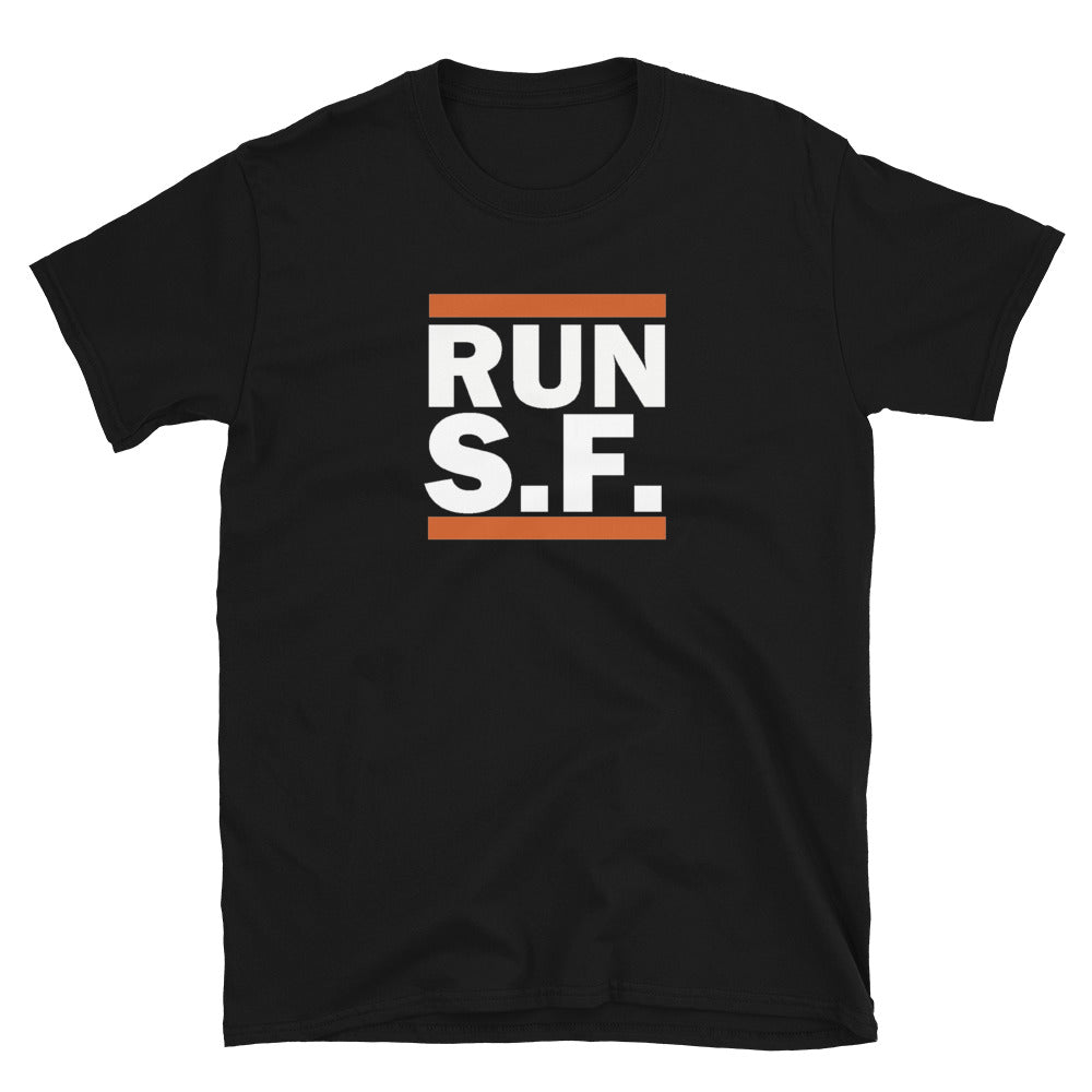 Black T-shirt with the text 'RUN SF' in white and orange on the front.