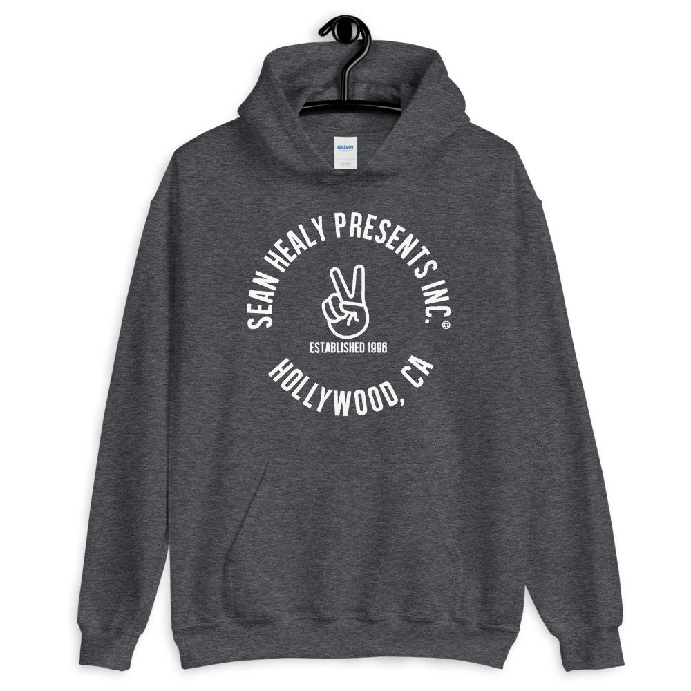 A blue hoodie with the white text 'SHAUN HILL PRESENTS, INC. HOLLYWOOD, CA' and a peace sign symbol on the front.