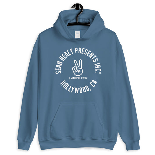 A blue hoodie with the white text 'SHAUN HILL PRESENTS, INC. HOLLYWOOD, CA' and a peace sign symbol on the front.
