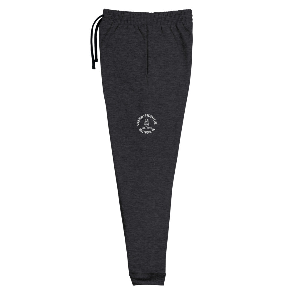 A pair of gray SHP branded joggers with an elastic waistband and external drawcord, displayed against a white background.