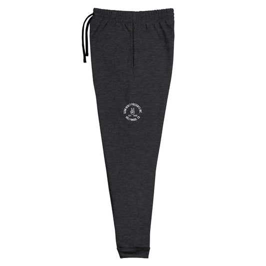 A pair of gray SHP branded joggers with an elastic waistband and external drawcord, displayed against a white background.