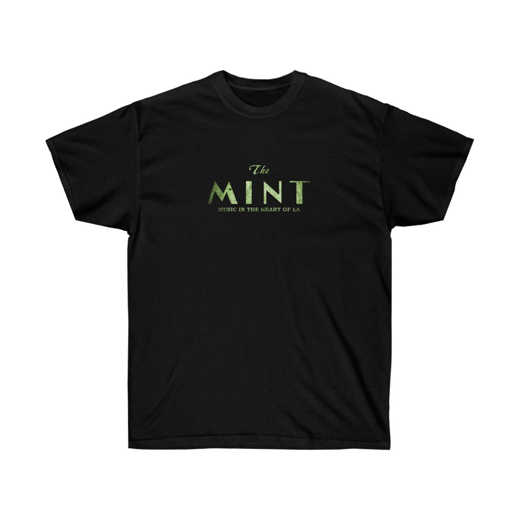 A black crew neck t-shirt with the 'The Mint' venue logo printed in green on the front.