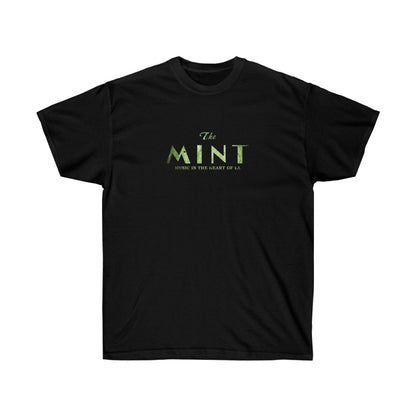 A black crew neck t-shirt with the 'The Mint' venue logo printed in green on the front.