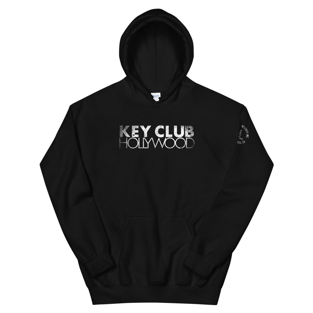 Black unisex hoodie with the text 'KEY CLUB HOLLYWOOD' in distressed white letters on the front and a distressed SHP peace logo on the left sleeve.
