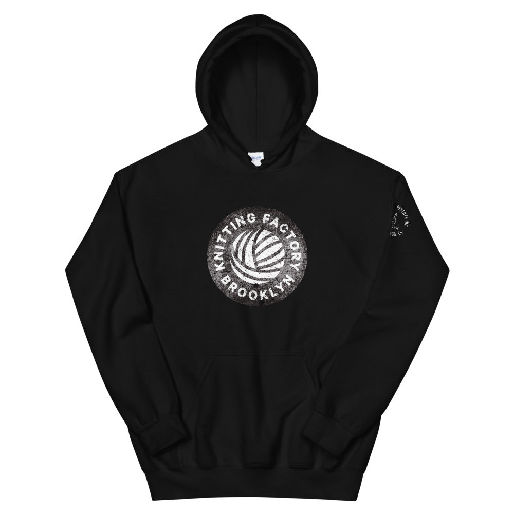 Black unisex hoodie with 'Knitting Factory' text and a graphic on the front, and a 'SHP' logo on the left sleeve.