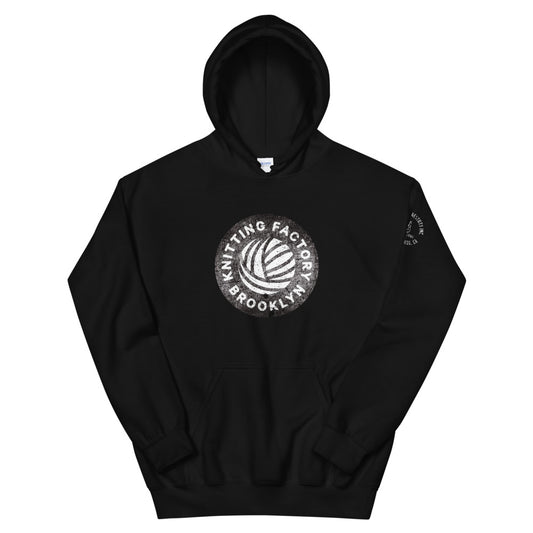 Black unisex hoodie with 'Knitting Factory' text and a graphic on the front, and a 'SHP' logo on the left sleeve.