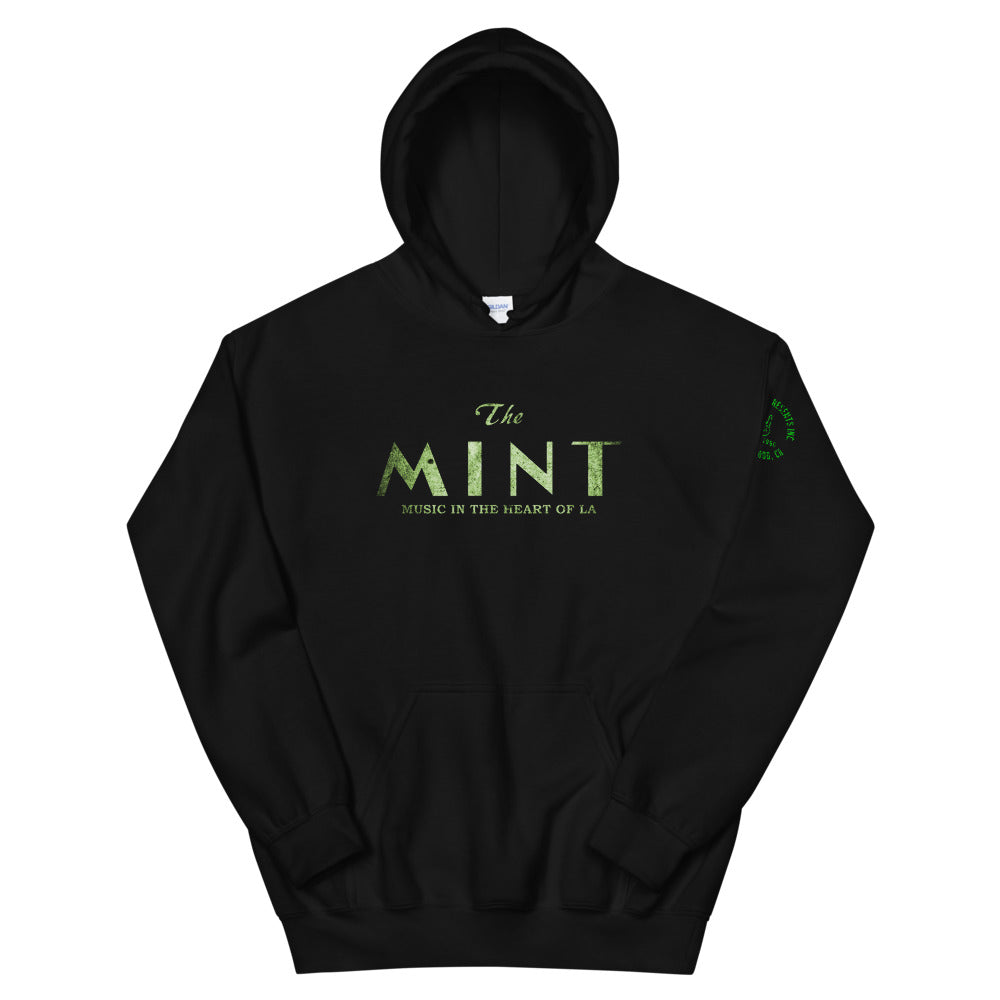 Black unisex hoodie with distressed logos on the front and sleeves, featuring The Mint venue name and SHP Peace logo.