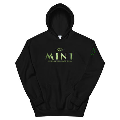 Black unisex hoodie with distressed logos on the front and sleeves, featuring The Mint venue name and SHP Peace logo.