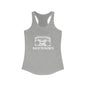 A gray women's tank top with 'BACK TO BASICS' text and a graphic of a vintage radio printed on the front.