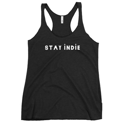 A black women's tank top with the text 'stay indie' printed in white on the front and a smaller text 'shp peace' on the neck tag.